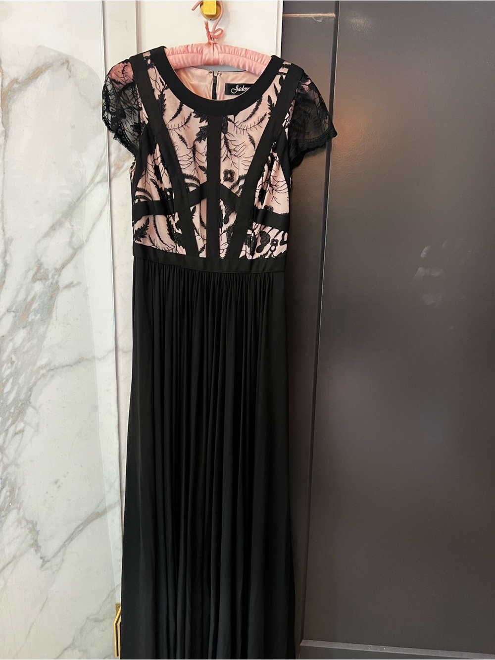 Black Lace Overlay Evening Gown with Blush Lining